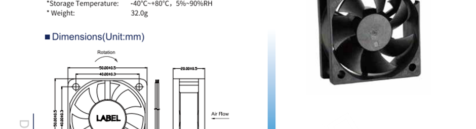 航达辉 HD5020H12B 风扇风机 直流风扇 两线接头、三线FG信号线、三线RD报警线、四线PWM可调速 框架：塑料（黑色）94v-0 叶轮：塑料（黑色）94v-0 铅导线：UL型或同等型号，AWG#28，红色+，黑色- 操作温度：-25℃~+70℃，相对温度5%~90% 存储温度：-40℃~+80℃，相对温度5%~90%